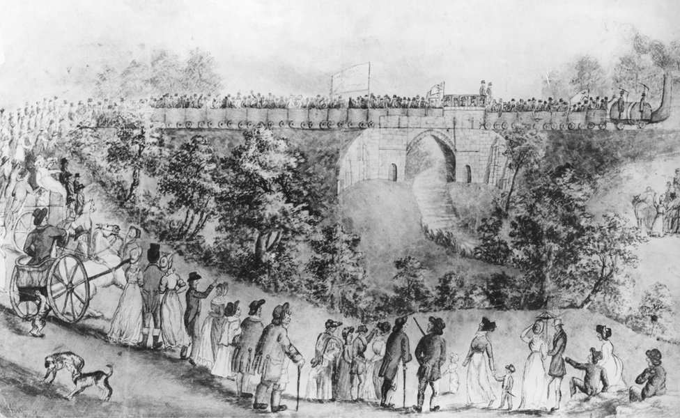 Набросок Джона Доббина, изображающий толпы людей, собравшихся посмотреть на открытие Стоктон-энд-Дарлингтонской железной дороги в 1825 году