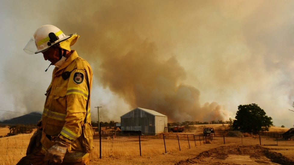 Пожарный сельской пожарной службы осматривает боку пожара 11 января 2020 года в Тумбурумбе, Австралия