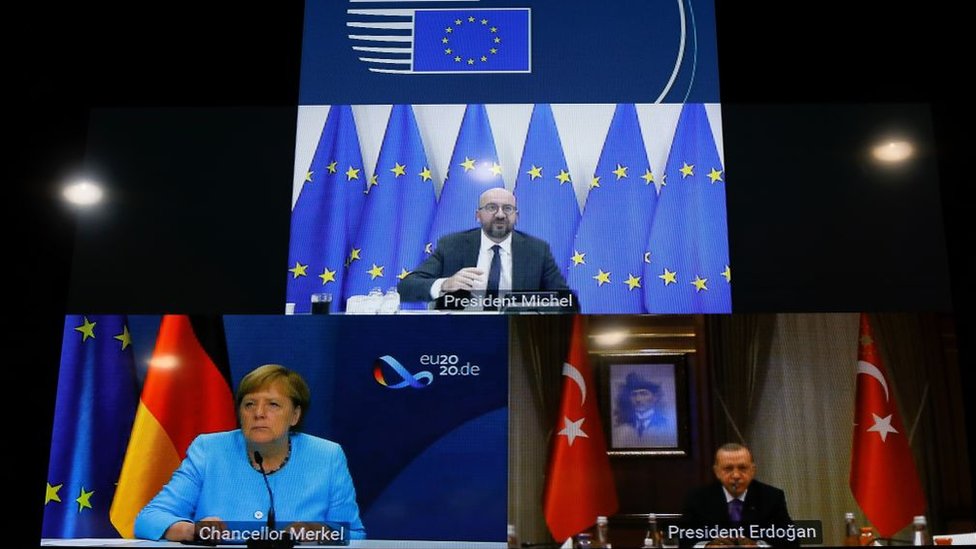 Avrupa Konseyi Başkanı Charles Michel, Almanya Başbakanı Angela Merkel ve Cumhurbaşkanı Recep Tayyio Erdoğan video konferans yoluyla görüştü (22 Eylül 2020)