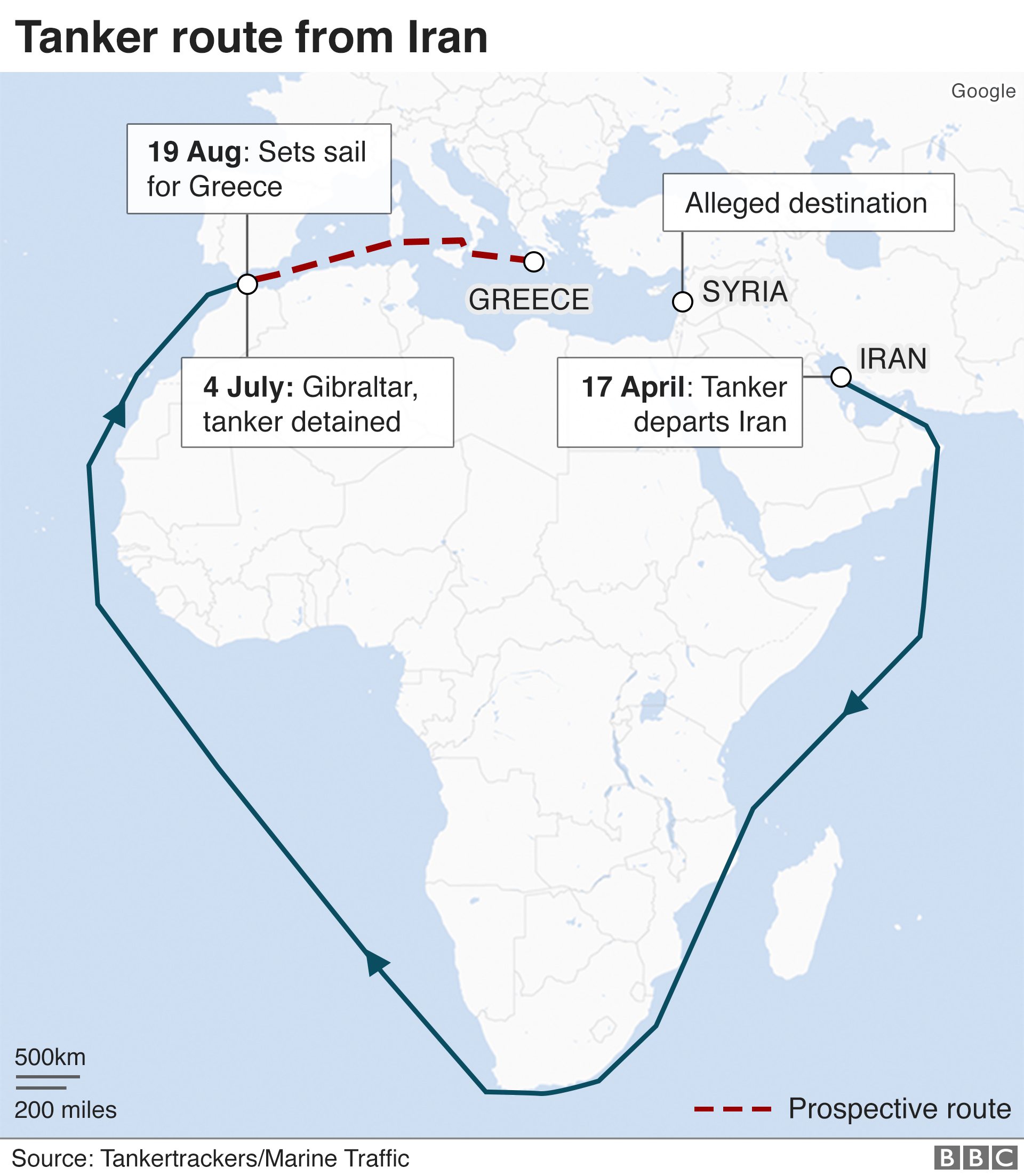Карта, показывающая маршрут иранского нефтяного танкера, задержанного в Гибралтаре