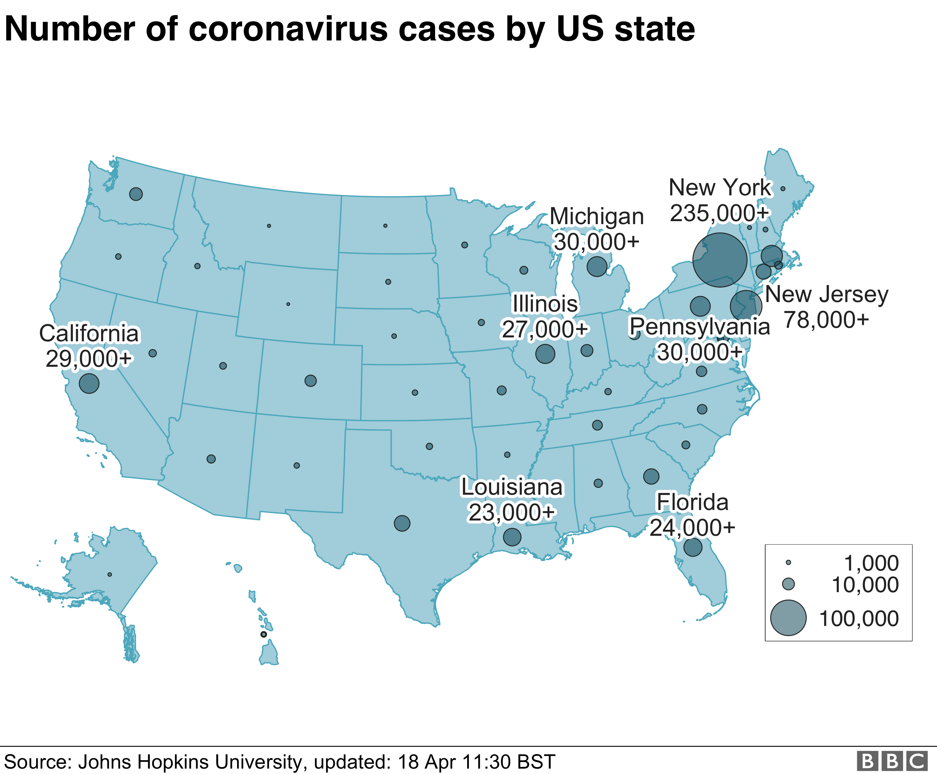 Карта, показывающая количество случаев заражения вирусом по штатам США