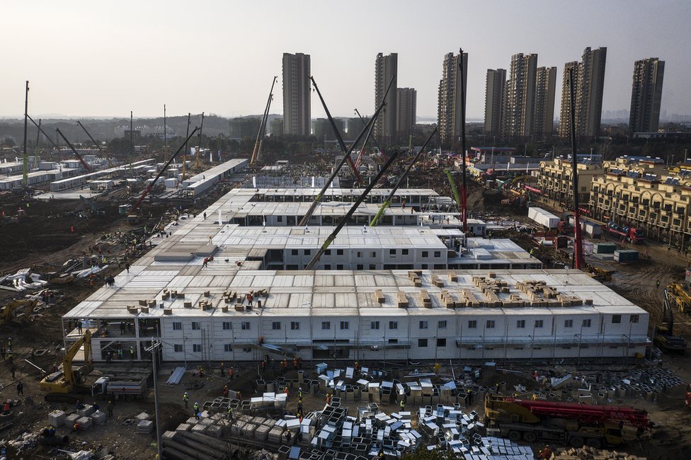 An aerial view of construction at Huoshenshan hospital