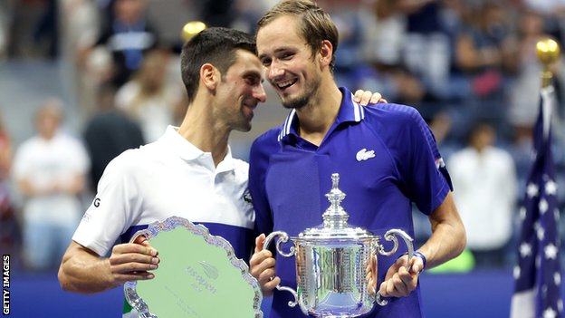 Novak DJokovic and Daniil Medvedev after the 2021 US Open final
