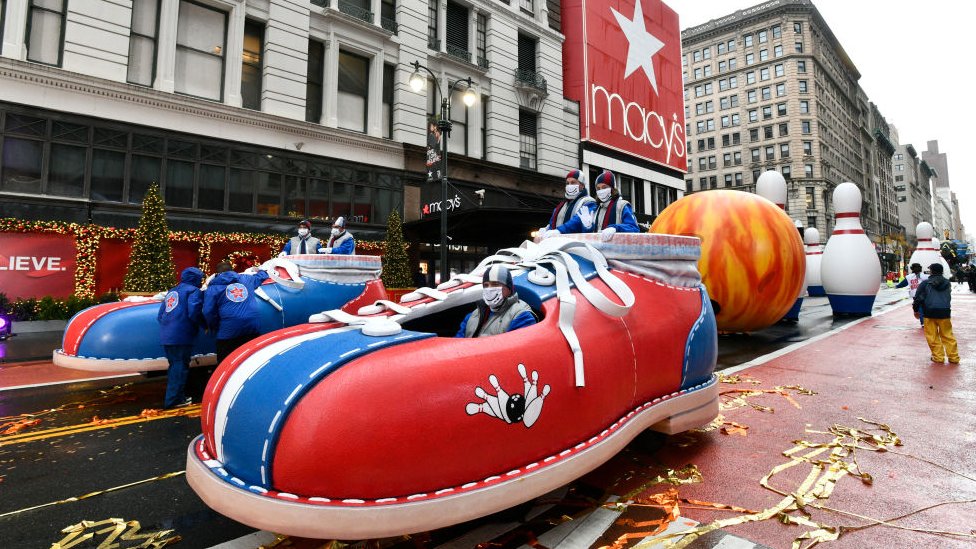 Go Bowling balloonicles at the 94th Annual Macy’s Thanksgiving Day Parade on 26 November 2020 in New York City