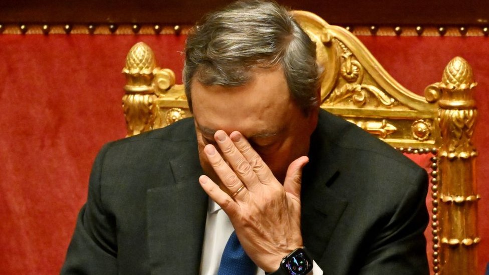 Italy's Prime Minister Mario Draghi reacts during the debate on government crisis on 20 July