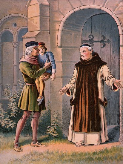 Illustration of Christopher Columbus with his son Diego and a monk.  January 2, 1754