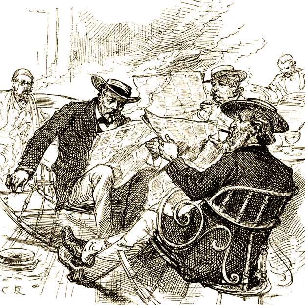 Los diarios estadounidenses también cambiaron de opinión con el tiempo: pasaron del plagio a la aguerrida defensa de los derechos de autor. Escena con lectores de diarios en EE.UU.