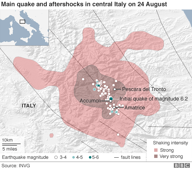 Карта, показывающая землетрясение и афтершоки в центральной Италии - 24 августа 2016 г.