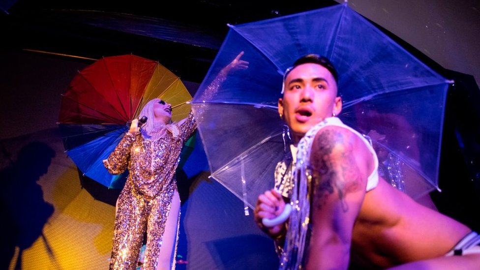 A drag queen performs onstage at the ShanghaiPRIDE opening party in Shanghai in 2018.