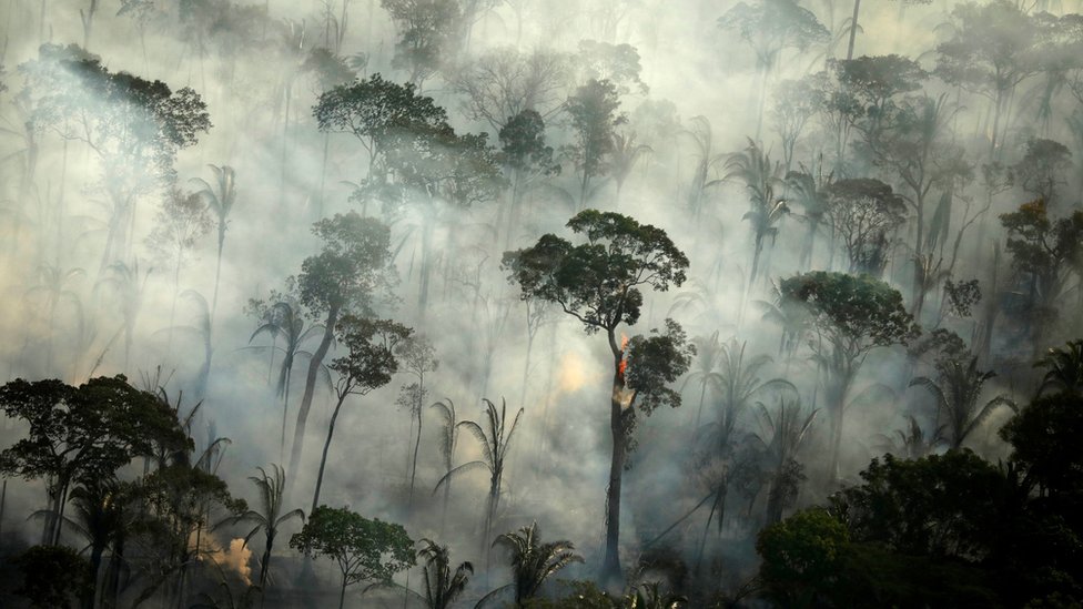 Fumaça durante um incêndio em uma área da Floresta Amazônica perto de Porto Velho, Rondônia, em 10 de setembro de 2019