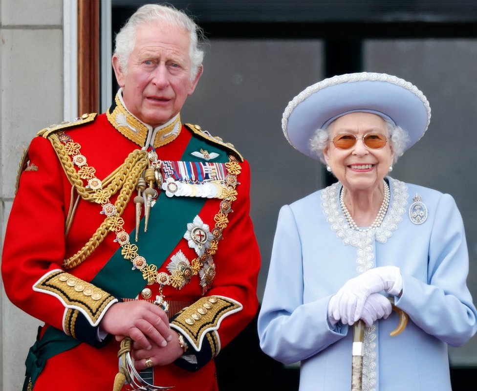 Charles III with his mother Queen Elizabeth II during the Platinum Jubilee Trooping of the Colour ceremony in June 2022