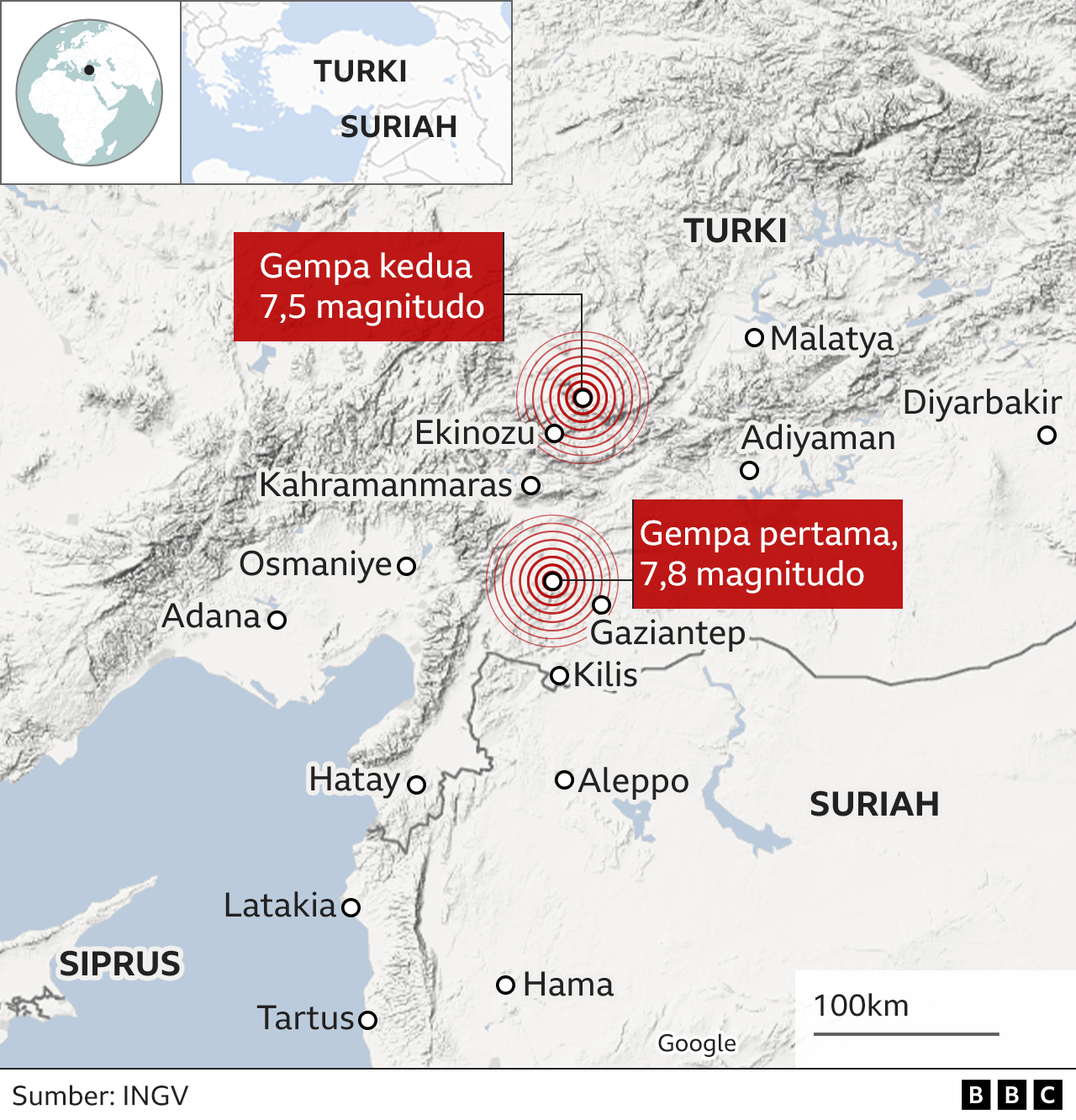 Peta yang menunjukkan lokasi dua gempa bumi di Turki