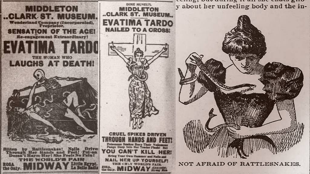Anuncios de su programa e ilustración del Chicago Tribune de 1898 (derecha).