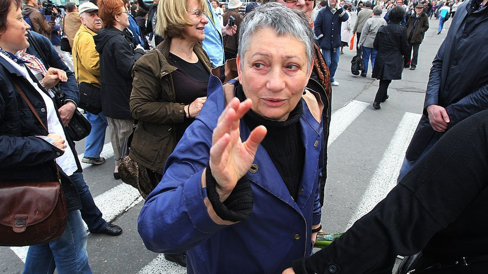 Writer Lyudmila Ulitskaya joins supporters opposed to Putin's presidency in a ''Control Walk'' with Russian poets, writers, musicians and journalists May 13, 2012 in Moscow, Russia.