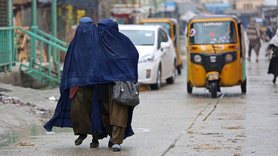 Women walking in the streets wearing scarves covering their faces