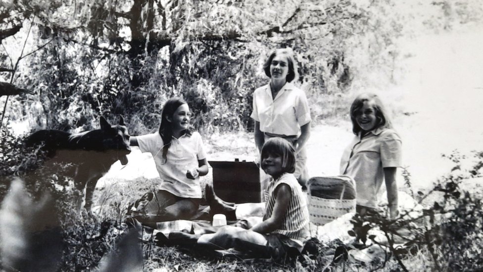 Caroline, Harriet and Jane having a picnic with their mother and German shepherd, Benjy, during the Easter holidays, Ethiopia, 1972 (photo taken by Bill Ware-Austin)