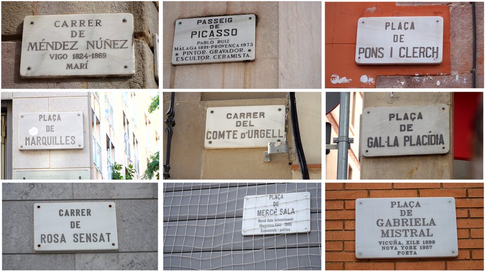 A montage of nice street name signs, six are names after men, three after women.