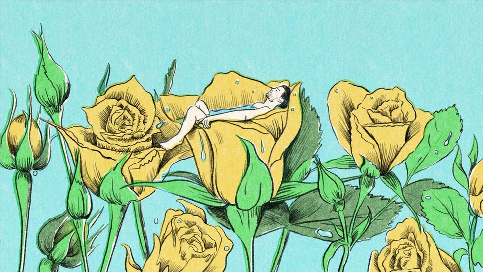 Ilustração de homem tomando banho dentro de uma rosa