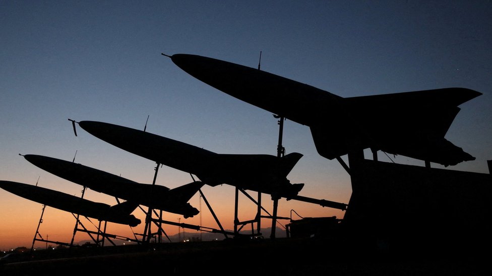 File photo showing Iranian drones during a military exercise in an undisclosed location in Iran (24 August 2022