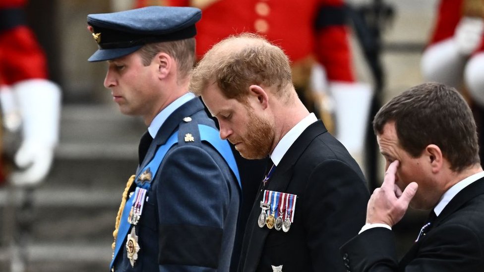 Prince William and Prince Harry follow the Queen's coffin