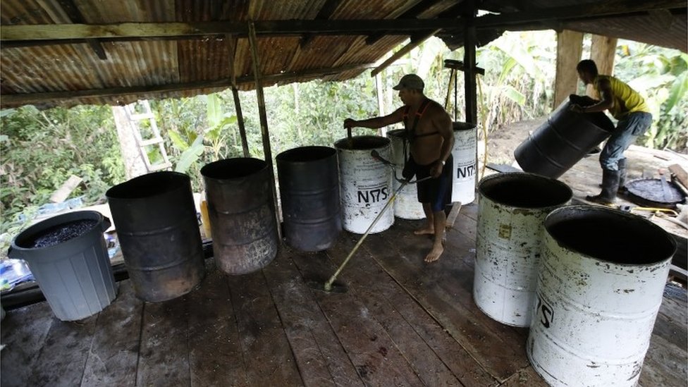 Рабочие заполняют бочки смесью мульчированных листьев коки и химикатов в рамках процесса производства коки на юге Колумбии (03.03.2017)