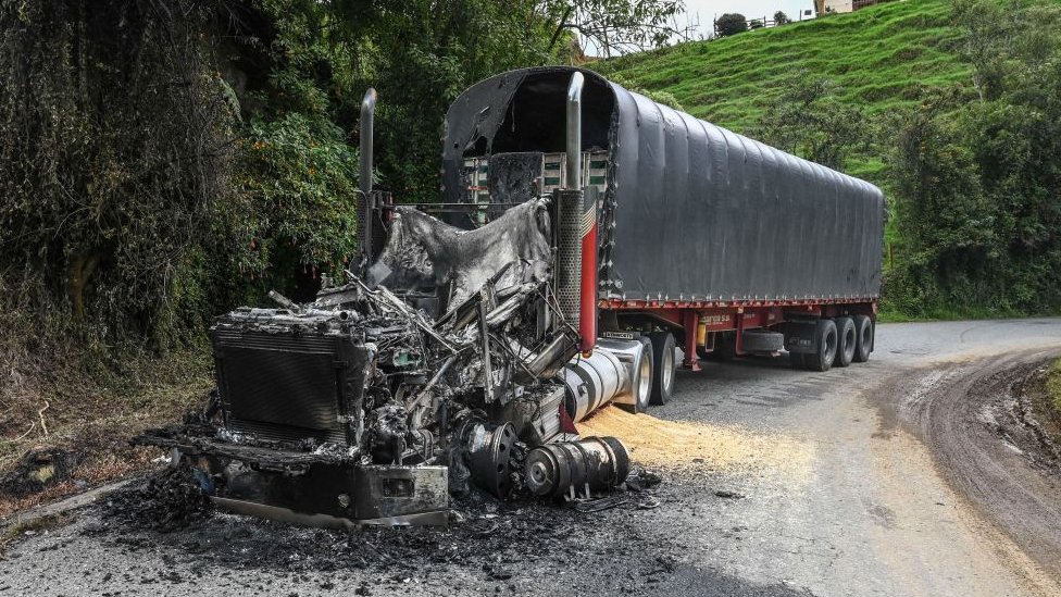 Un camión incinerado durante el paro armado.