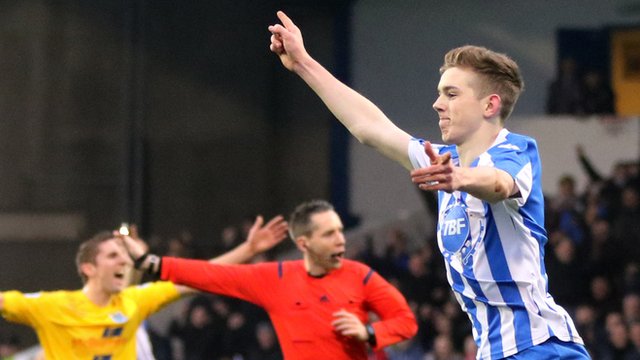 Jamie McGonigle celebrates after putting his team ahead in the 19th minute against Ballymena United