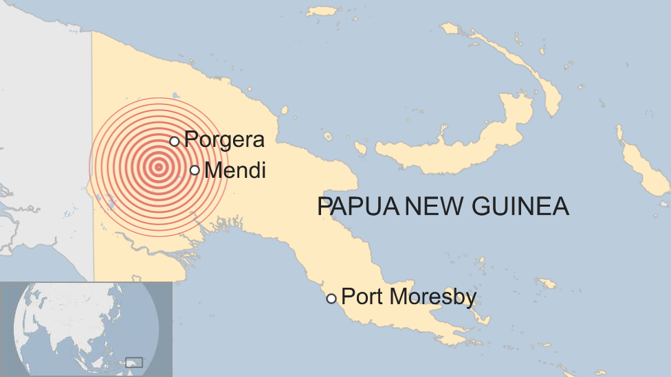 Карта, показывающая первые толчки землетрясения в центральных провинциях Папуа-Новой Гвинеи.