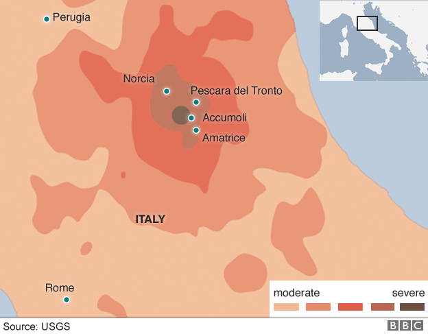 Карта, показывающая города, пострадавшие от землетрясения, и их близость к Перудже и Риму