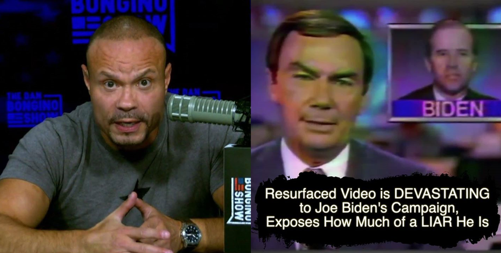 Dan Bongino hosting his show (left); One of Bongino's most shared Facebook videos (right)