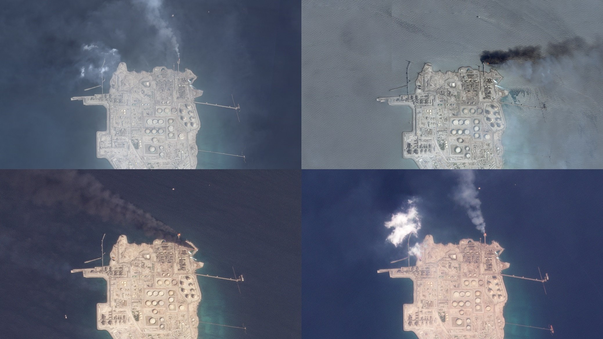 Four satellite images arranged in quadrant showing flaring at an offshore oil field