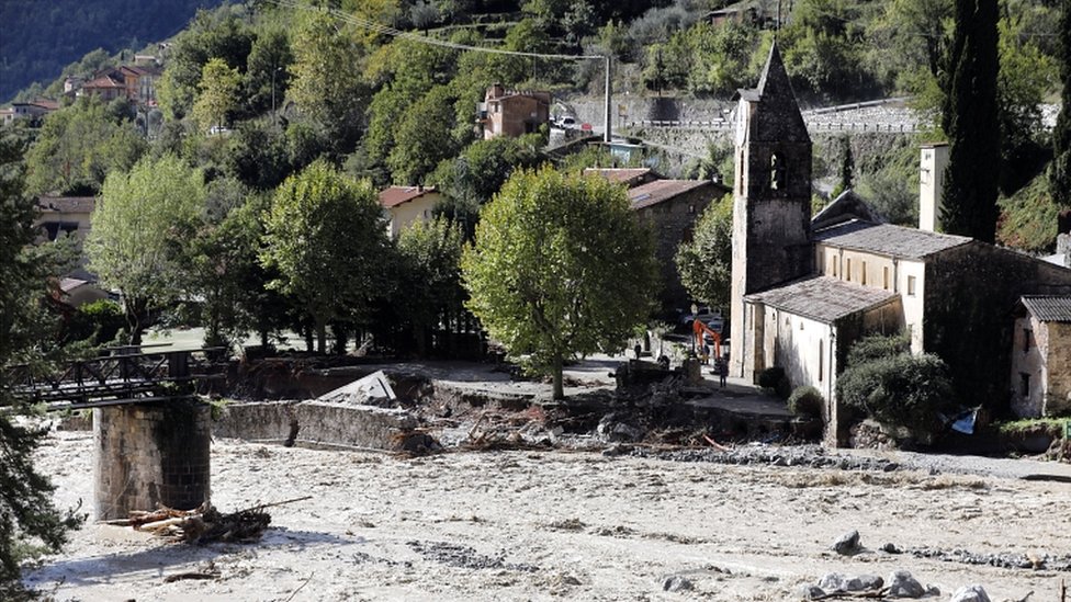 A collapsed bridge on the Vésubie river due to heavy rains from Storm Alex in Roquebillière, France, on 3 October 2020