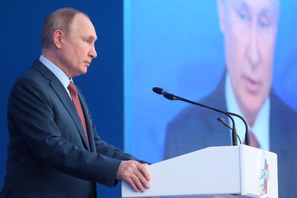 Russian President Vladimir Putin attends a convention of the Russian Union of Industrialists and Entrepreneurs (RSPP) in Moscow, Russia, on 17 December 2021