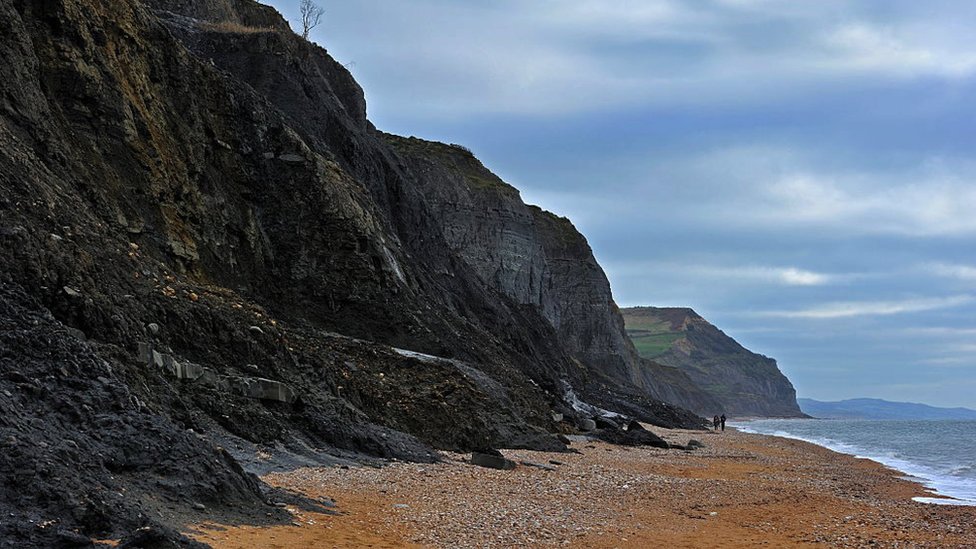 Black Ven landslide on beach between Lyme Regis and Charmouth along the Jurassic Coast