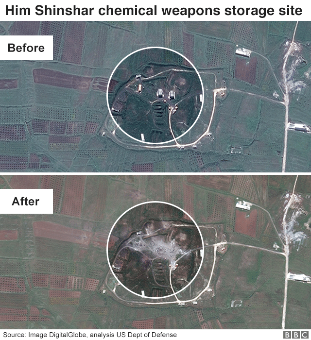 Снимки с воздуха до и после удара места хранения химического оружия Хим-Шиншар в Сирии, показывающие разрушения, 15 апреля 2018 г.