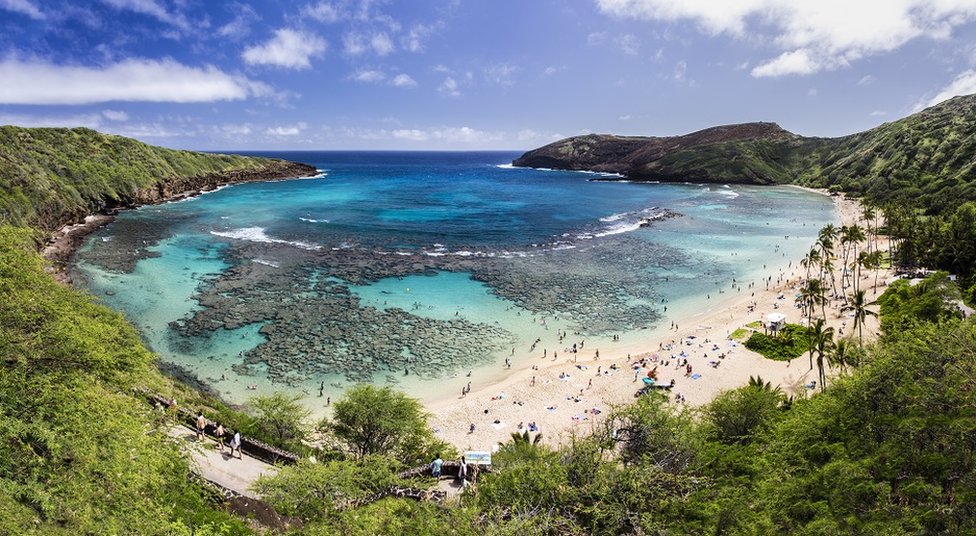 Panoramic view of Hanauma Bay in Hawaii - it's a beautiful sunny day, and you can see the coral reef under the turquoise waters
