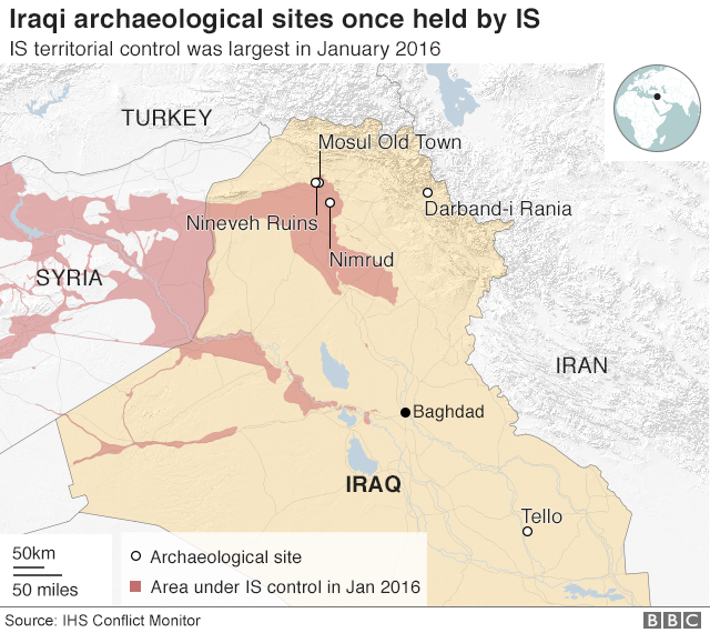 Карта иракских археологических памятников и территорий, когда-то принадлежавших ИГ
