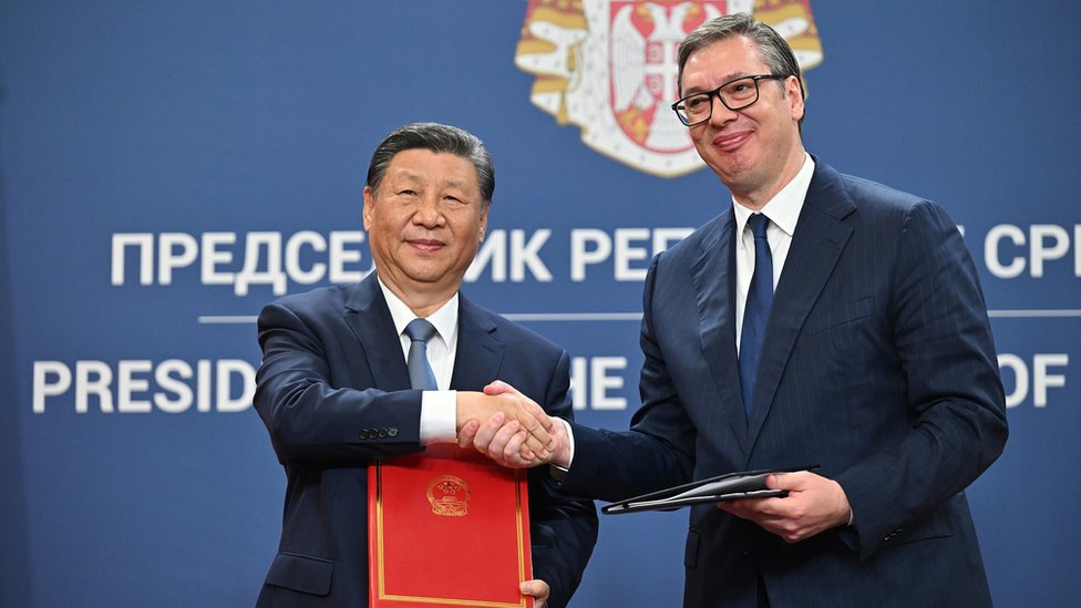Xi Jinping, China's president, left, shakes hands with Aleksandar Vucic, Serbia's president, during a joint news conference in Belgrade, Serbia, on Wednesday, May 8, 2024. Jinping lauded his nation's ties with Eastern Europe as a boon for the world's No. 2 economy as he arrived in Belgrade on a trip designed to promote China's potential as a trade partner