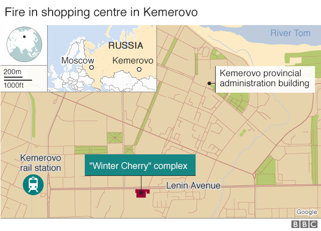 На карте показаны города Москва и Кемерово в России