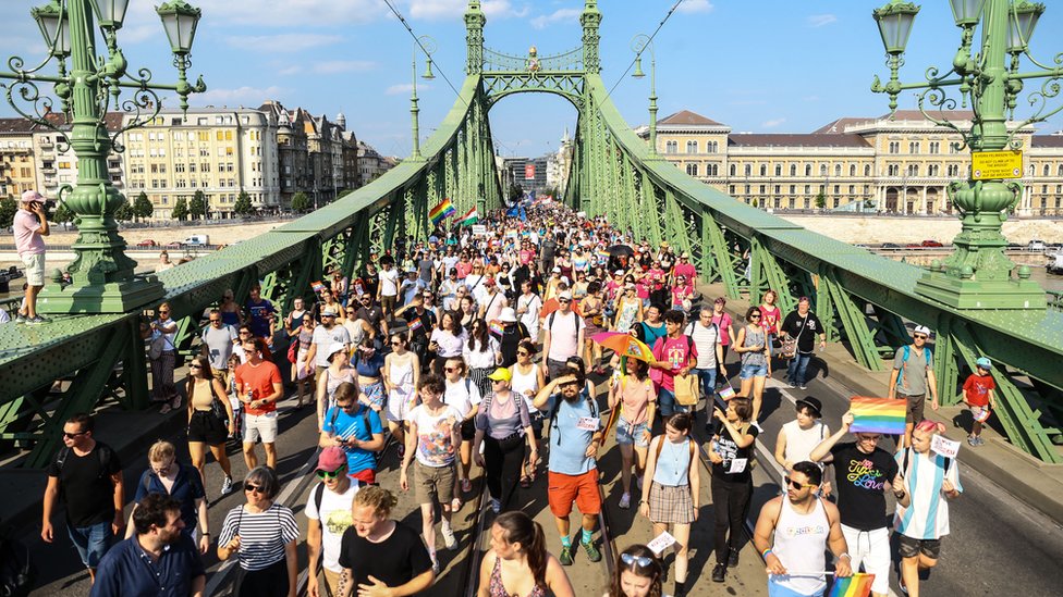 Participants in the lesbian, gay, bisexual and transgender (LGBT) Pride Parade in Budapest on July 24, 2021.