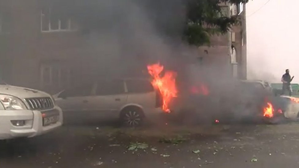 Burning cars in Stepanakert, the capital of the disputed Nagorno-Karabakh region. Photo: 4 October 2020