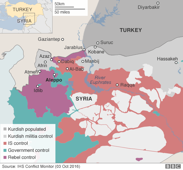 Карта, показывающая контроль над северной Сирией - 3 октября 2016 г.