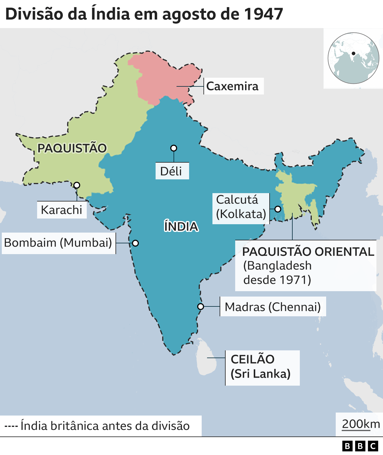 Mapa mostra a divisão da Índia em 1947