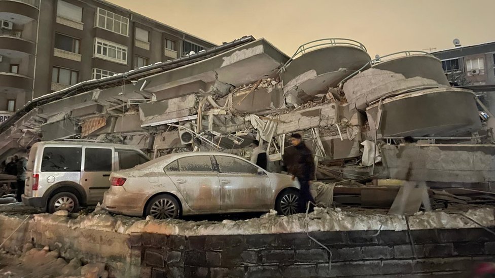 Smashed cars under a destroyed building in Malatya, Turkey. Photo: 6 February 2023