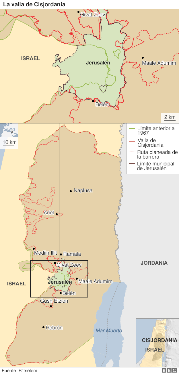 Mapa de la valla en Cisjordania