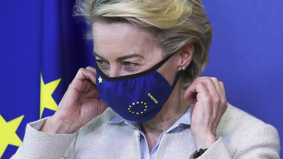 European Commission President Ursula von der Leyen wears her mask