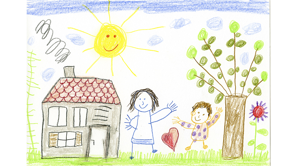 Una ilustración infantil que muestra un gran Sol amarillo sobre una casa, unas personas y un árbol