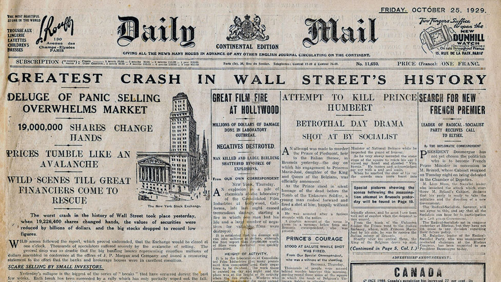 La portada del diario Daily Mail del 25 de octubre de 1929, con el título: "La caída más grande en la historia de Wall Street".