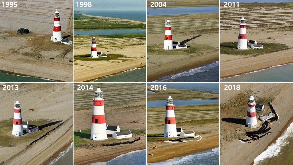 Снимки маяка Орфорднесс с 1995 по 2018 год