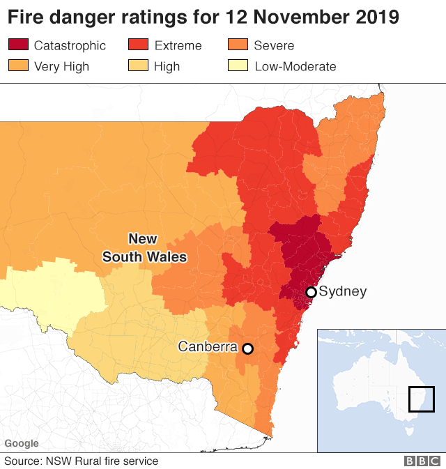 Карта: Пожарные предупреждения в Новом Южном Уэльсе, Австралия, на 12 ноября 2019 г.